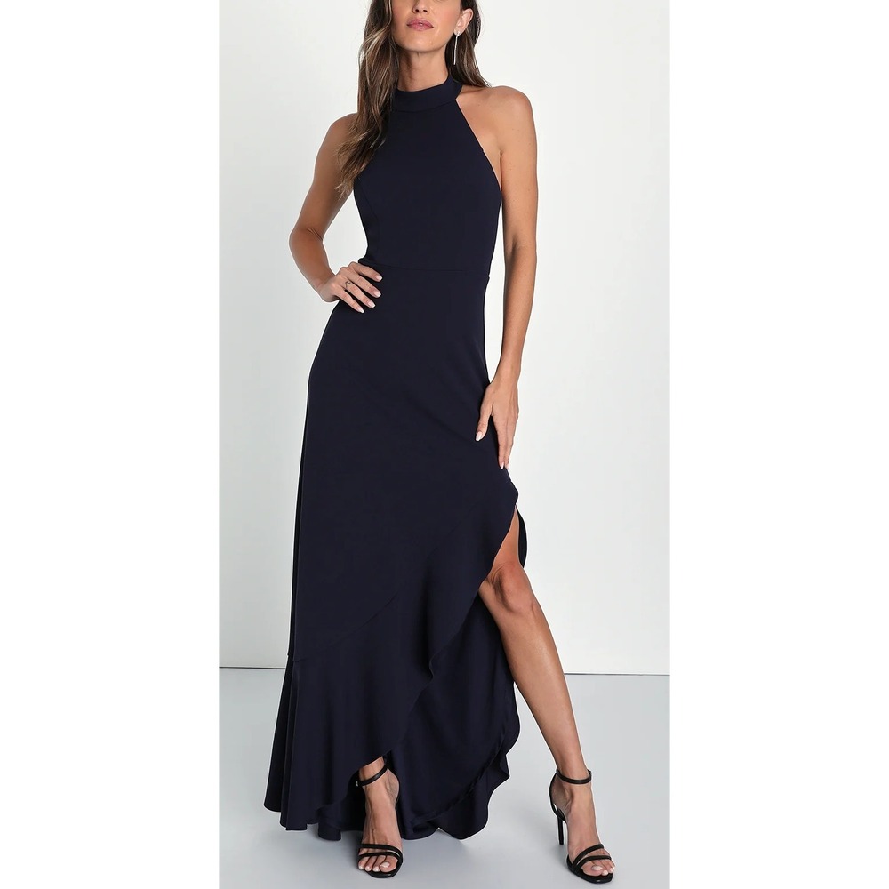 NWT Lulus Majestic Perfection Navy Blue Ruffled Halter Maxi Dress Size S